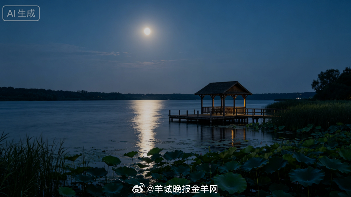 #晚安# 皎洁的月色平铺在河面，清辉笼罩临水的小木榭，晚风拂动岸边荷叶，水声轻柔