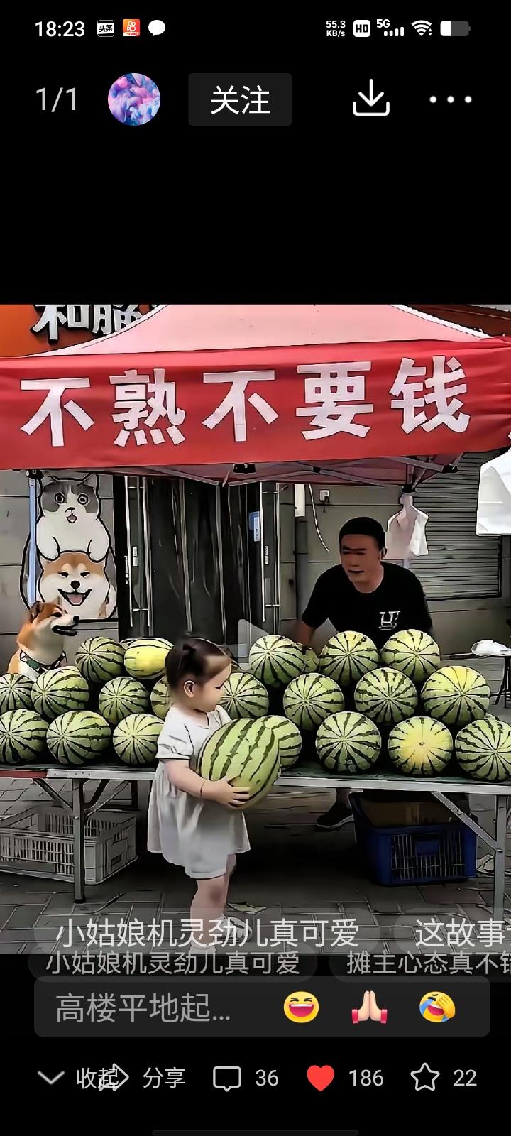 西瓜摊最治愈一幕！五岁小姑娘跑到西瓜摊前，仰头问:"叔叔你认识我吗?"摊主老刘笑