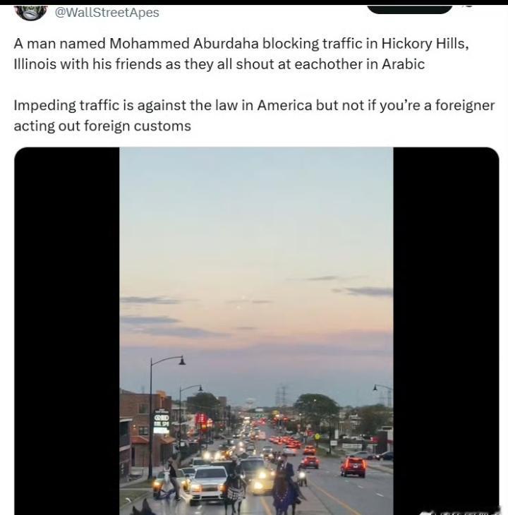 一个名叫穆罕默德·阿布达哈的男子和他的朋友们在伊利诺伊州希科里希尔斯堵塞交通，车