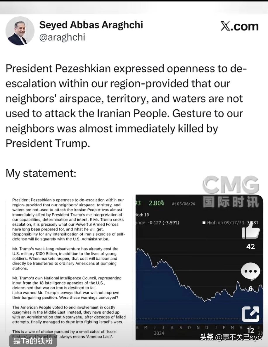 当地时间3月7日晚，伊朗外长阿拉格齐在社交媒体发文写道:
“美国人投票是为了不再