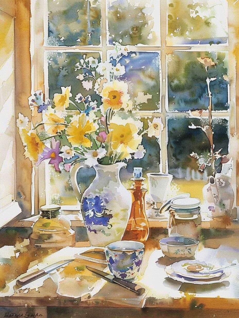 窗边小景水彩画 ​​​