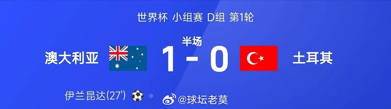 【足球快讯】就在刚刚，26赛季世界杯小组赛D组第1轮，澳大利亚迎战土耳其。半场战