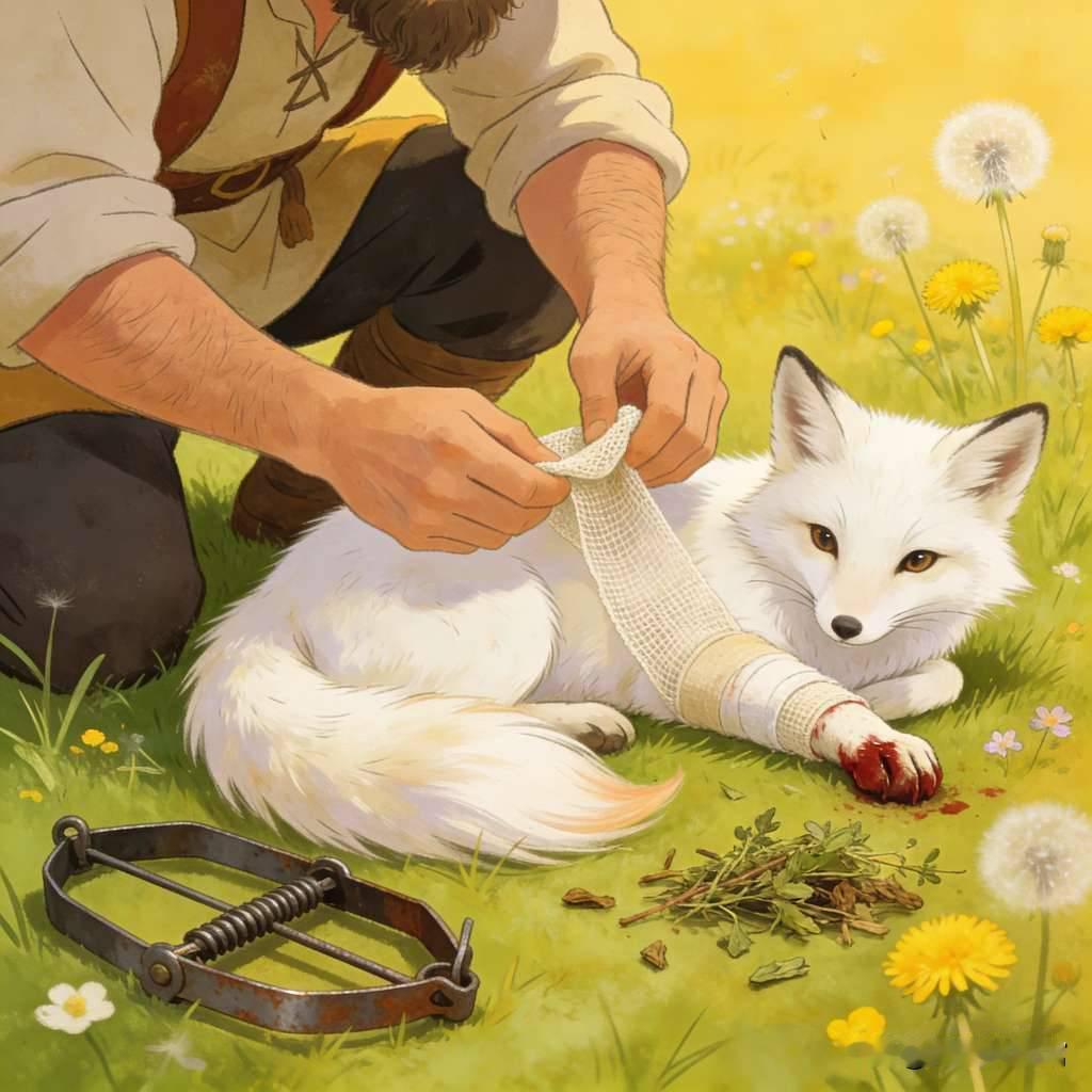 今天给大家讲一个白狐报恩的故事。
从前有个樵夫，上山砍柴时，发现一只白狐被夹子困