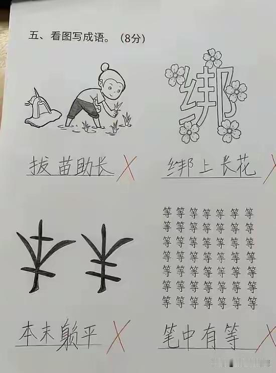 第一副图我猜拔苗助长
第二幅图我猜五花大绑
第三幅图我猜本末倒置
第四幅图我猜等