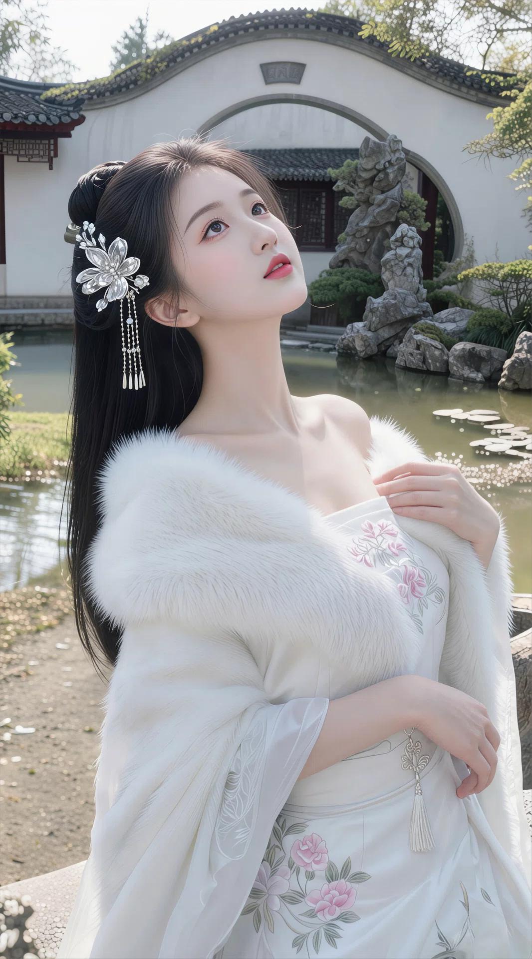 这组照片中的女子宛如从江南水墨画中走出的古风仙子，仙气飘飘，清冷又绝美。
她身着