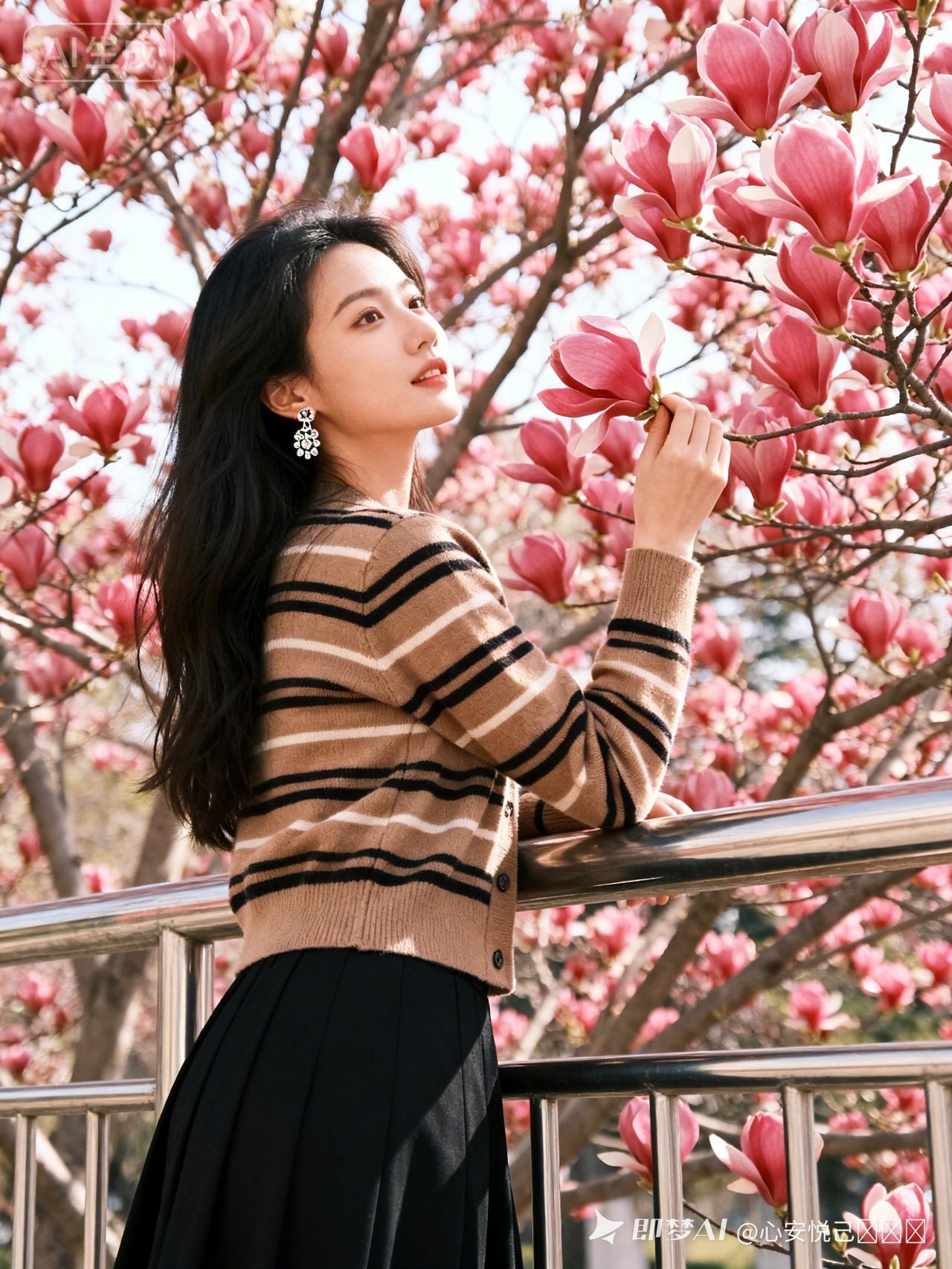 春日赏花少女，粉色花海中轻嗅花香