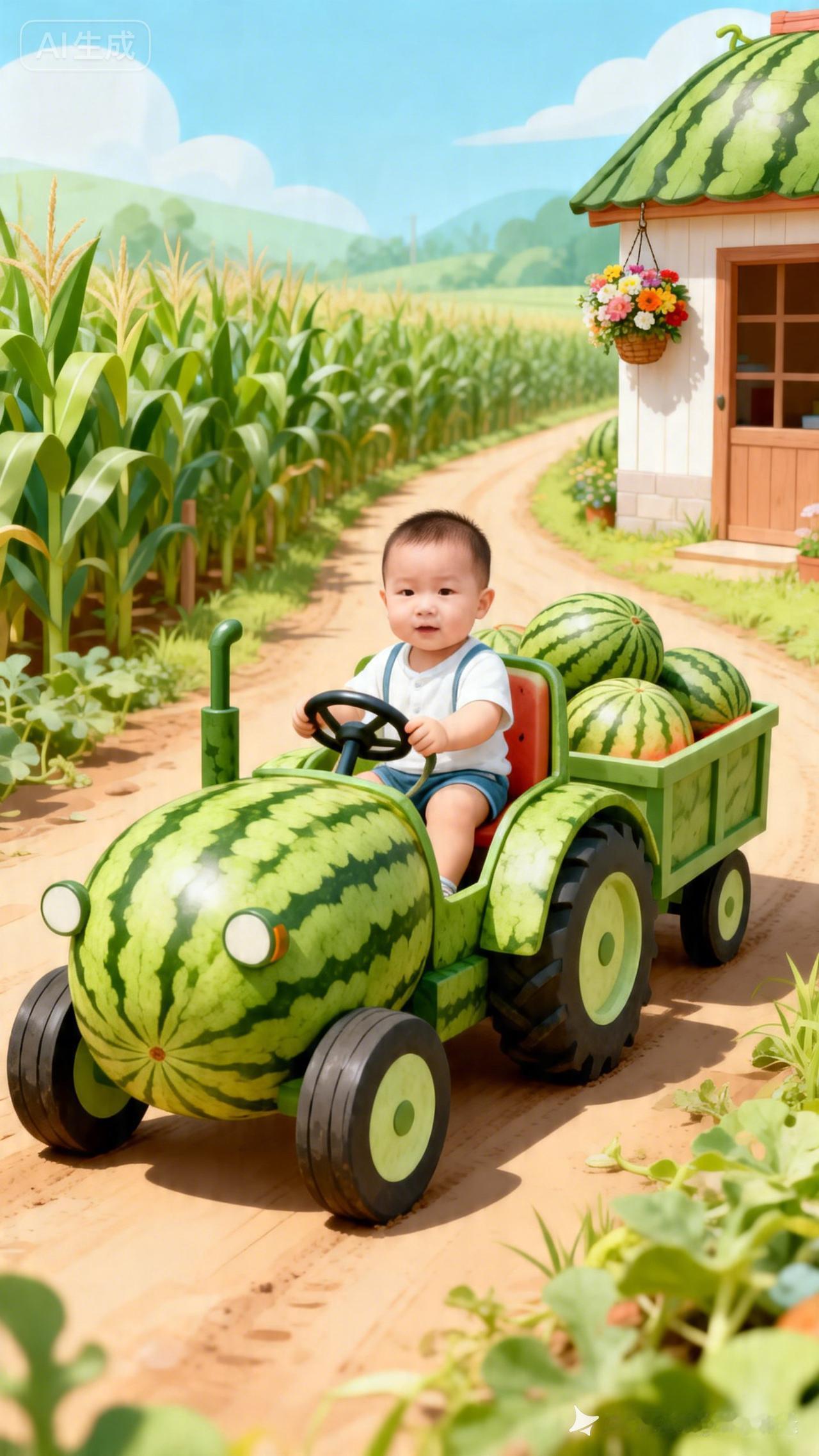 萌娃驾驶西瓜车，童趣满满的一天！🌞🚜🍉