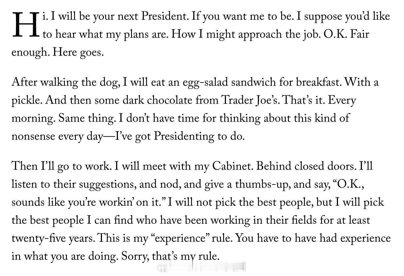 Bob Odenkirk在最新一期<纽约客>上发表文章：“我将是你们的下一任总统