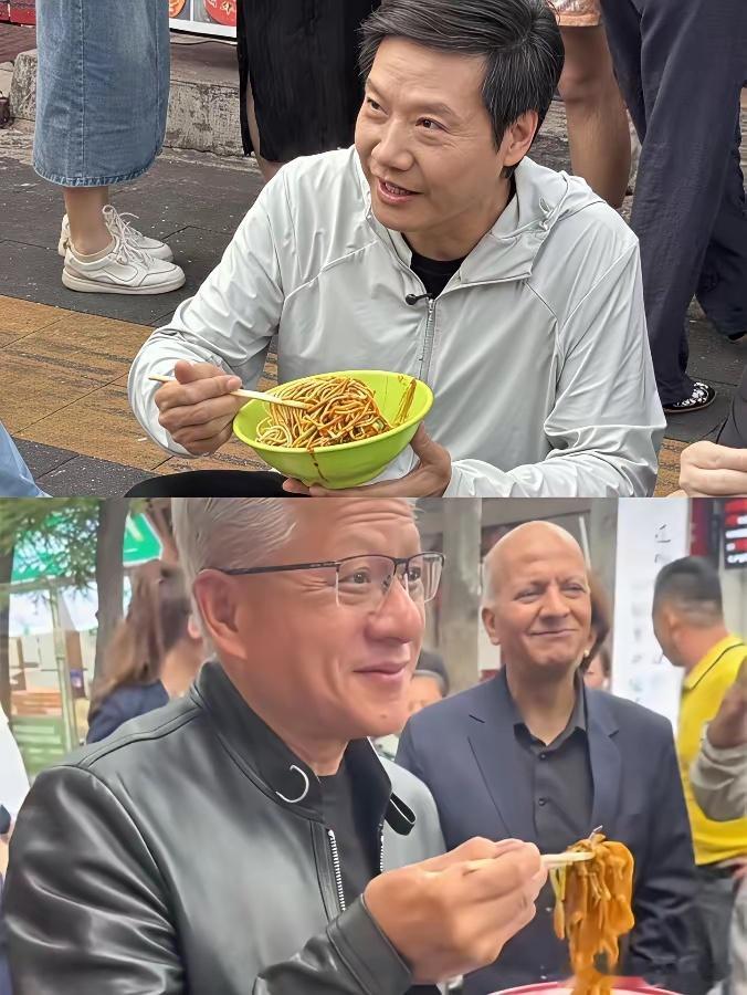大佬们都这么低调么？黄仁勋在路边吃是因为屋里没坐，雷总在外面吃是因为黄仁勋在外面