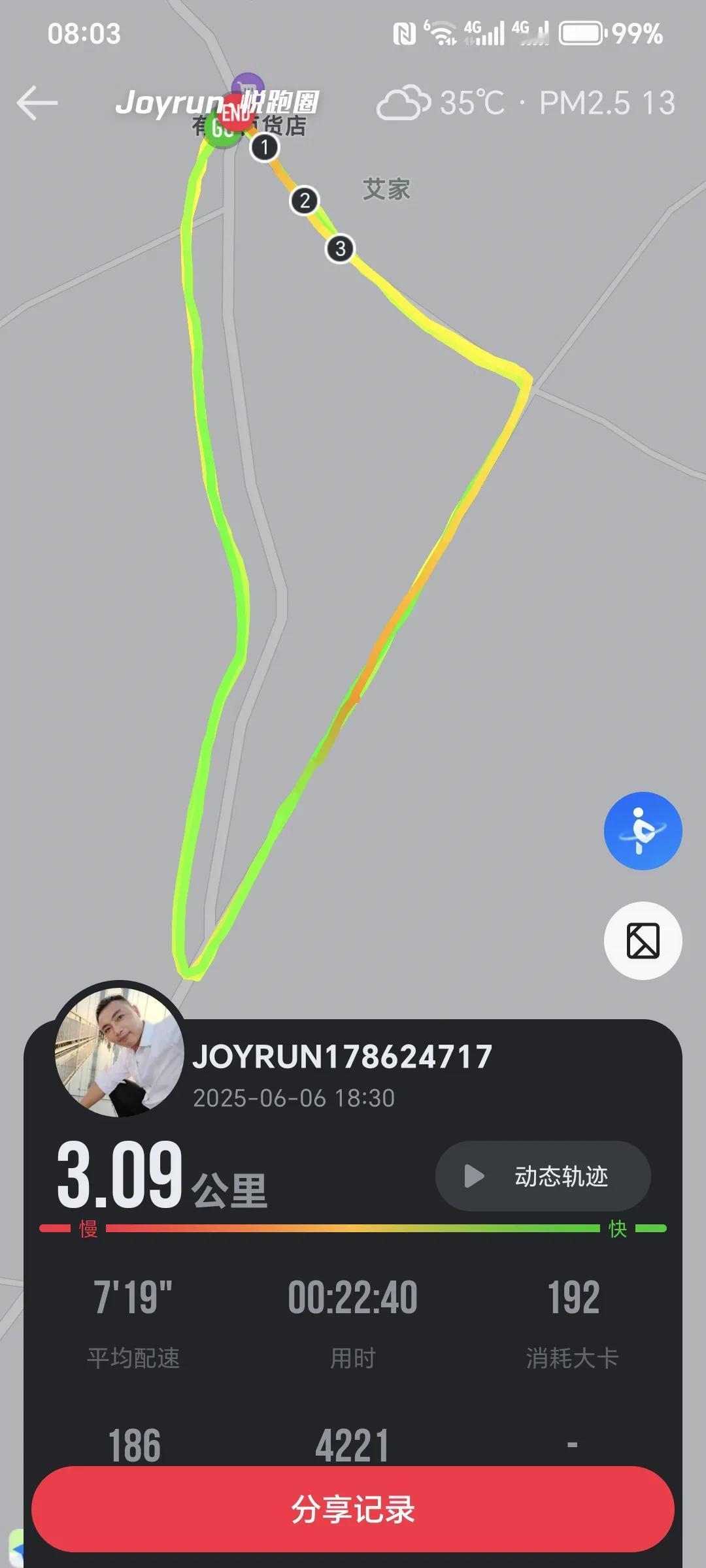 我的跑步纪录我只要不下雨就会每天最少跑3公里，基本上都是跑5公里，我太喜欢那种大