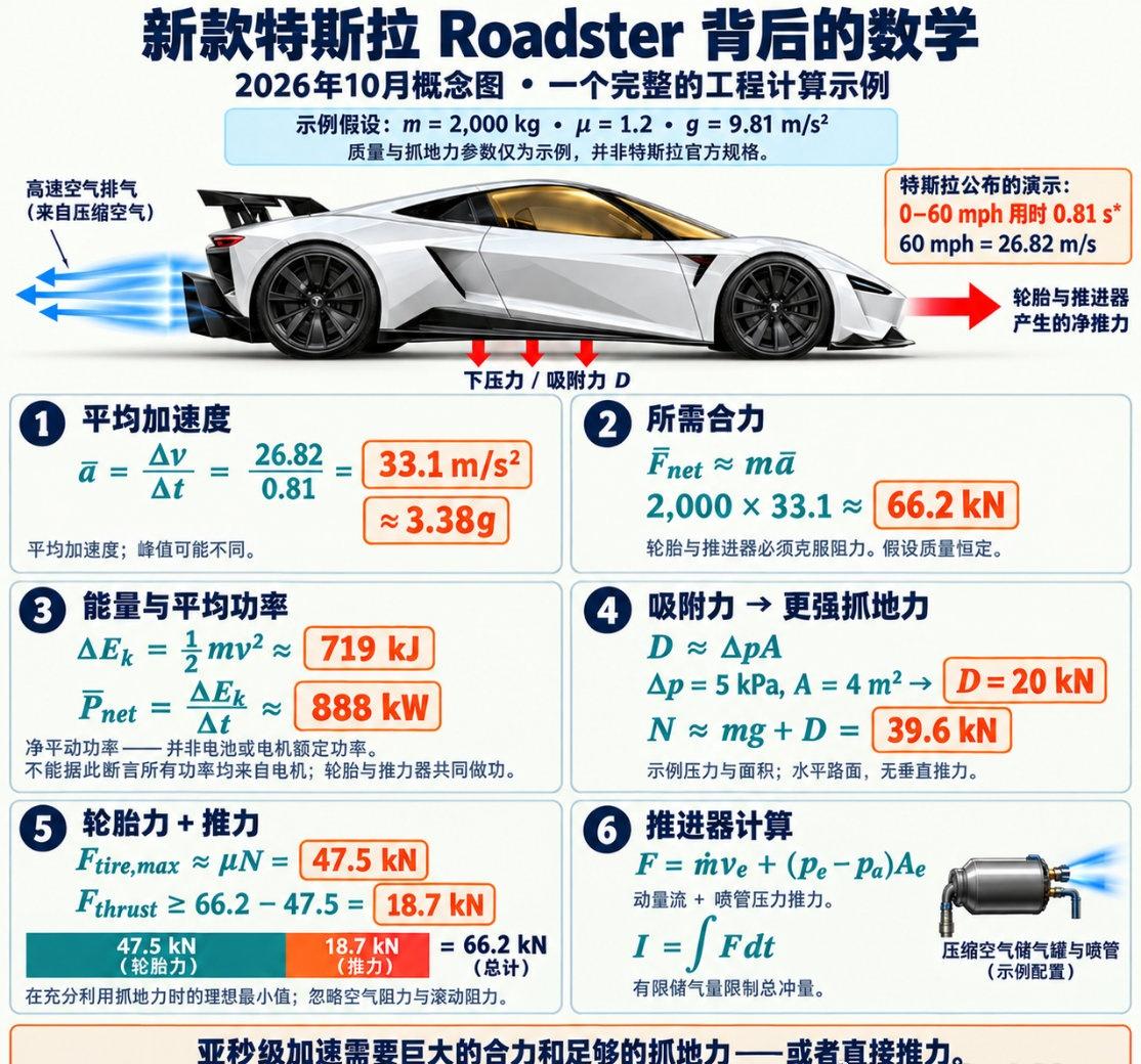 ⚡🚀 亚秒级加速背后的数学原理！

根据特斯拉公布的演示数据，0–60 mph