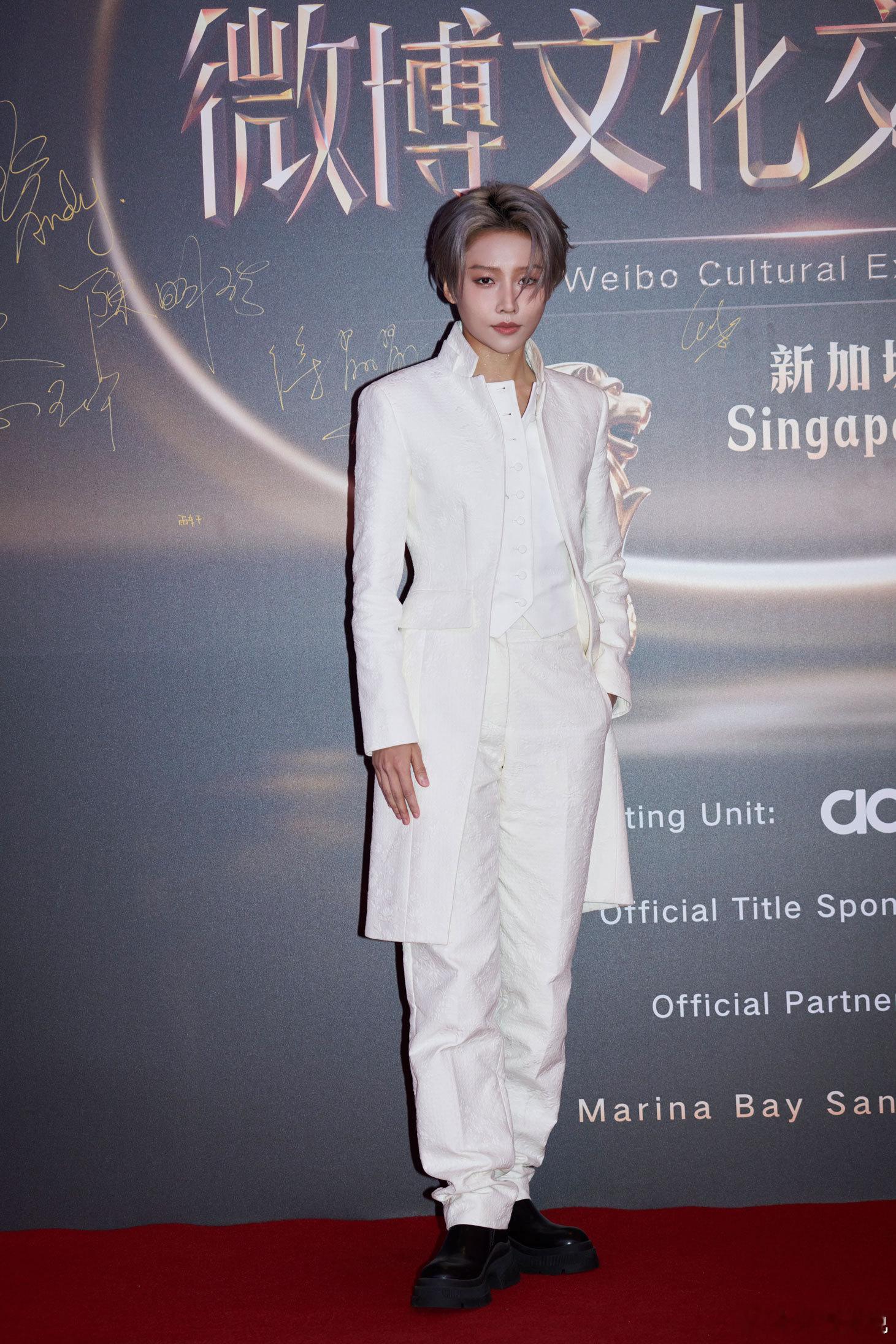 新加坡文化交流之夜的灯光下，刘雨昕的白色造型格外亮眼。长款外套衬出优雅身姿，每一