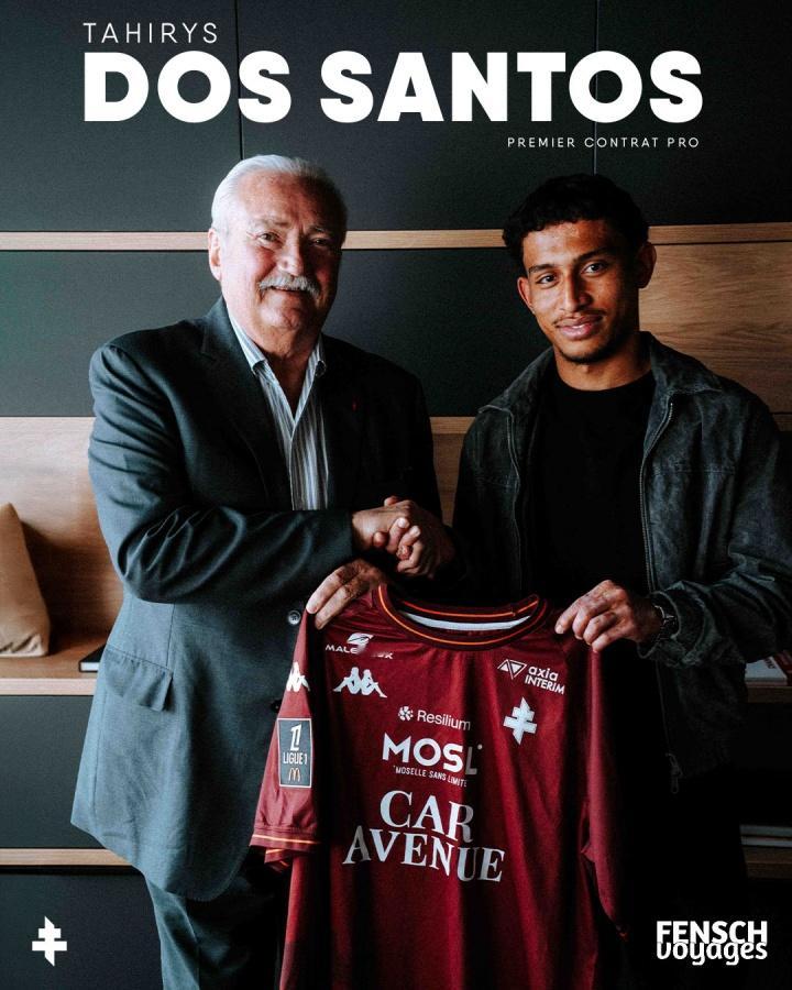 4月21日讯 法甲球队梅斯官方消息，球队与19岁小将塔希里斯·多斯桑托斯签下一份