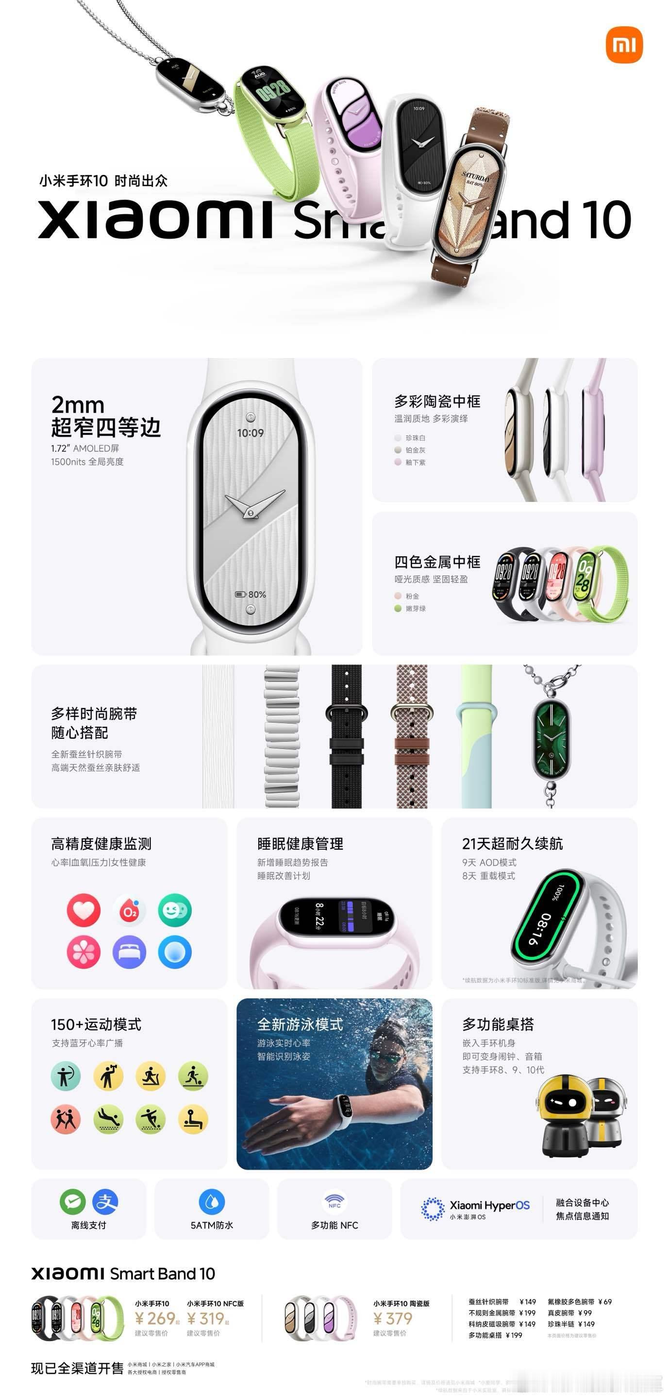 小米手环10典藏之作发布，269元起！2mm超窄四等边屏幕，1500nits全局