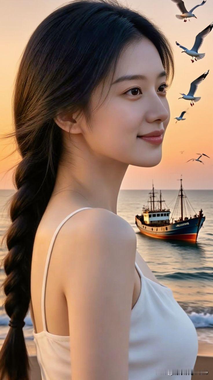 ✨ 暮霞是天空泼的蜜，鸥鸟是浪尖跃的星，她站在那里，就成了海边最温柔的韵脚。暮霞