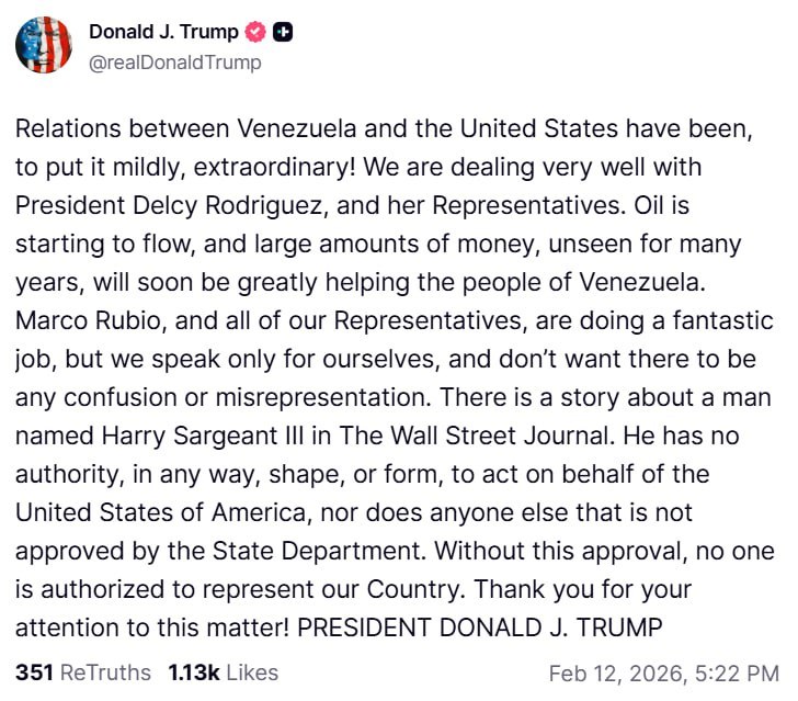 特朗普通过 Truth Social 发声：委内瑞拉与美国之间的关系，委婉地说，