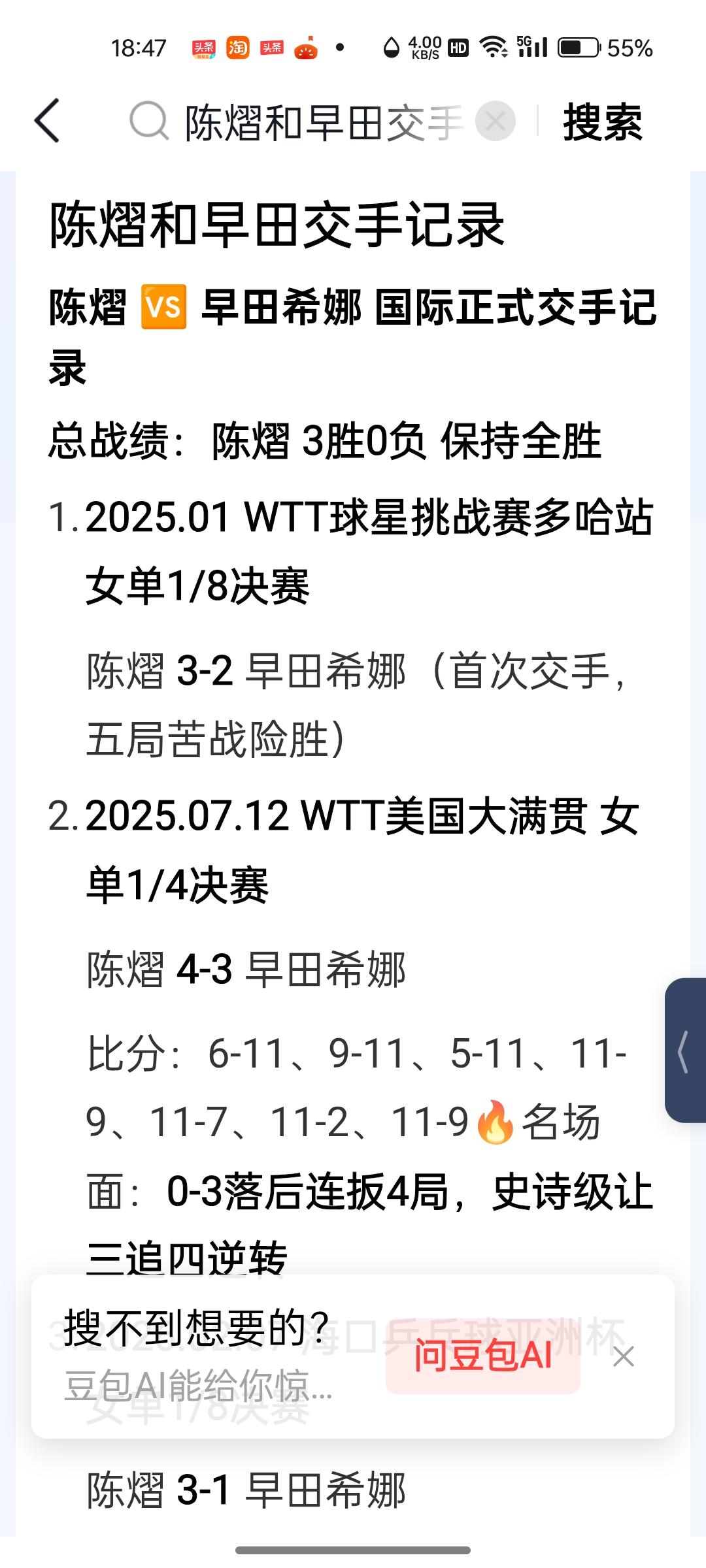 陈熠半决赛的对手是早田希娜，早田希娜是陈熠手下的败将！
陈熠和早田希娜交手三次，
