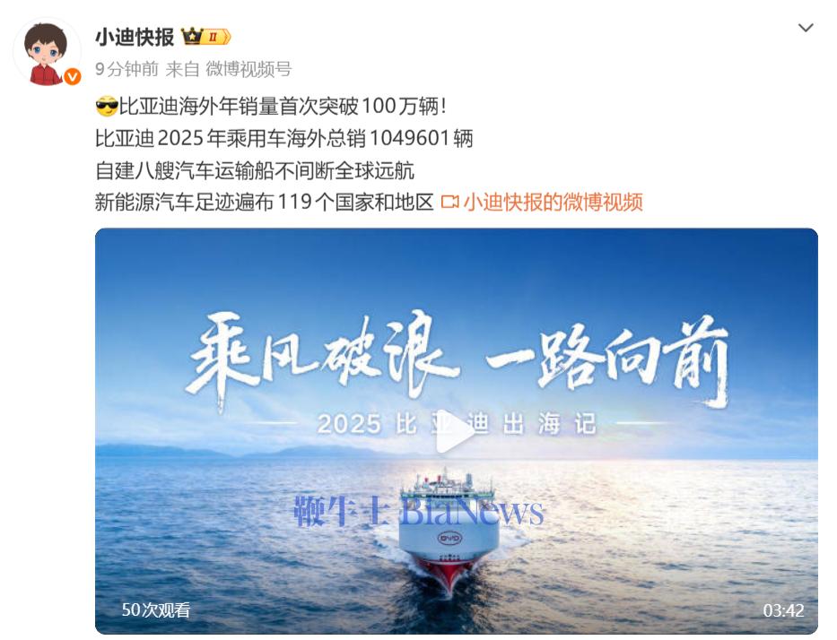 比亚迪海外年销量首次突破100万辆