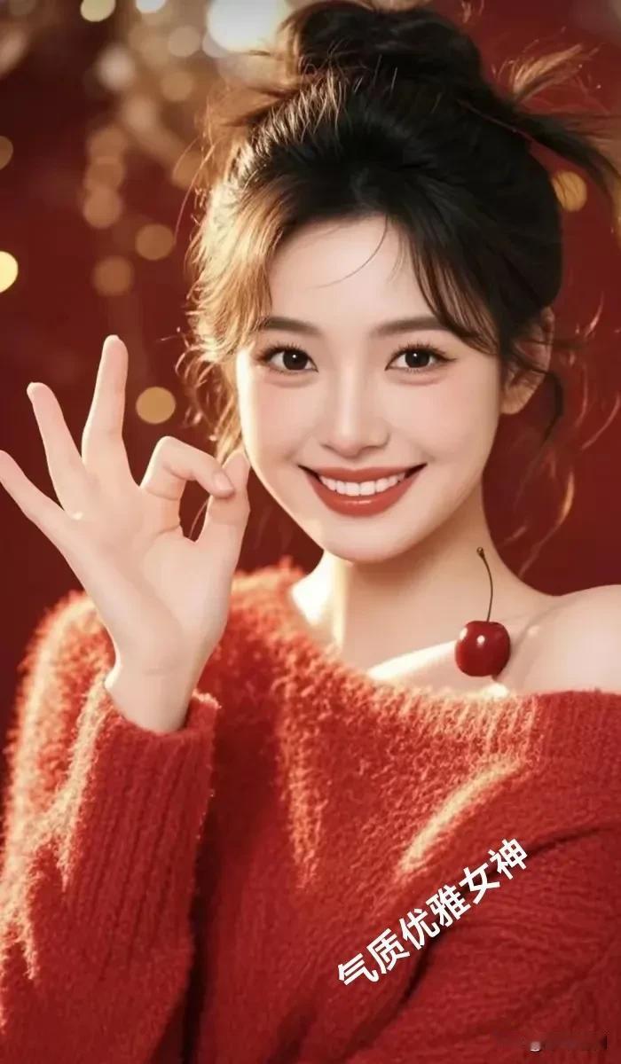 红毛衣温暖软糯，樱桃点缀俏皮灵动，丸子头蓬松可爱，在暖金光斑里，她把元气与优雅揉