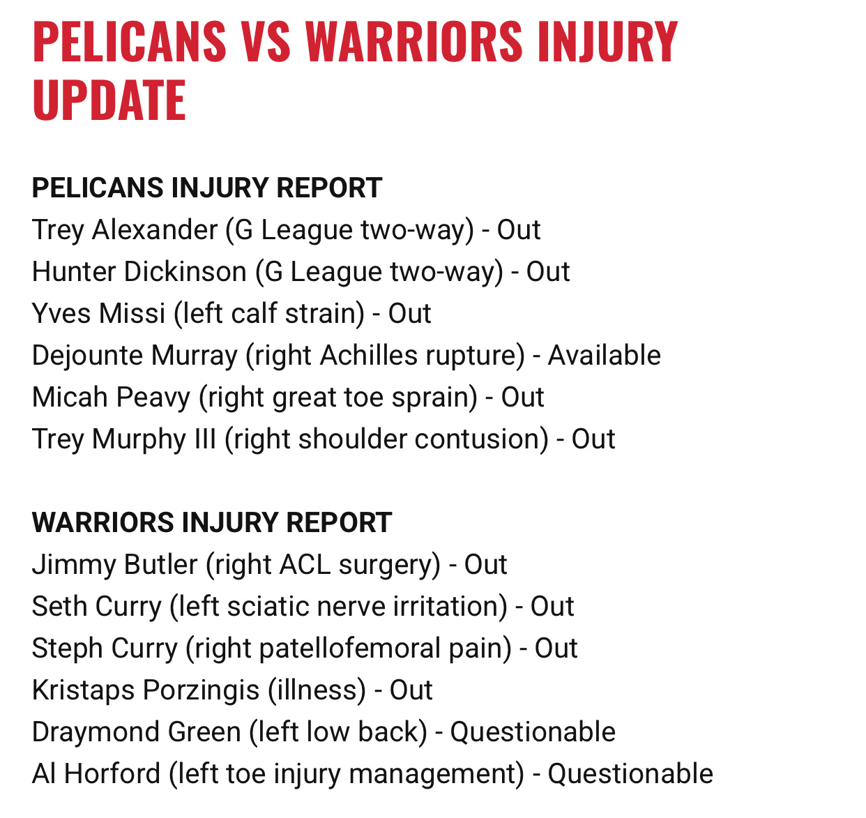 明日上午九点，勇士客场打鹈鹕，双方伤情报告鹈鹕穆雷迎来赛季首秀，由于他们的选秀权