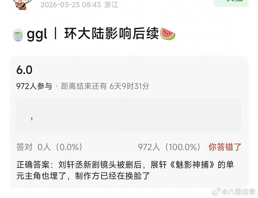 环大陆影响后续。6.0副cp刘轩丞新剧镜头被删后，展轩《魅影神捕》的单元主角也埋