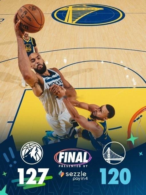 NBA常规赛，森林狼127-120力克勇士。本场比赛，森林狼中锋戈贝尔攻防两端表