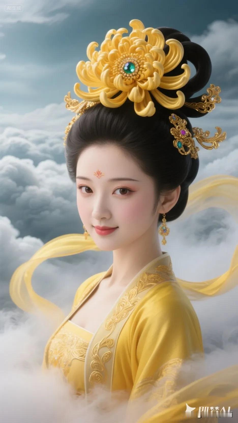 仙气飘飘的古典美人，金发玉簪，云雾缭绕间，宛如天宫仙子。张立启原创书画AI作品古
