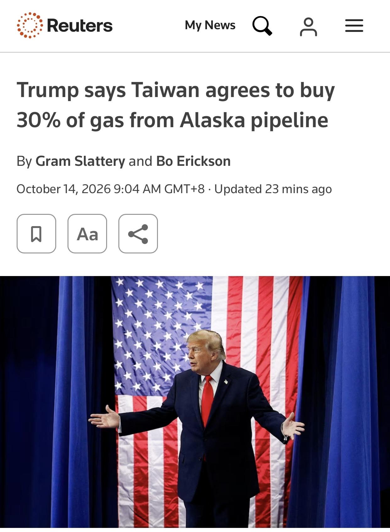 路透社：台湾同意购买阿拉斯加输气管30%的天然气

路透社阿拉斯加州瓦西拉10月
