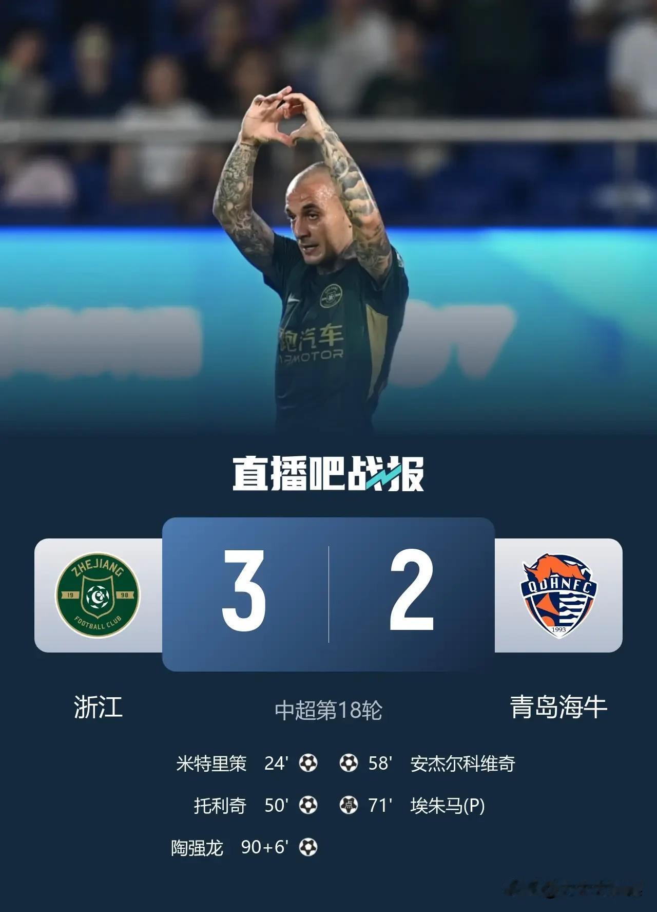 浙江终于把那口闷气出了

中超第18轮，黄龙主场3比2绝杀青岛海牛，补时第5分钟