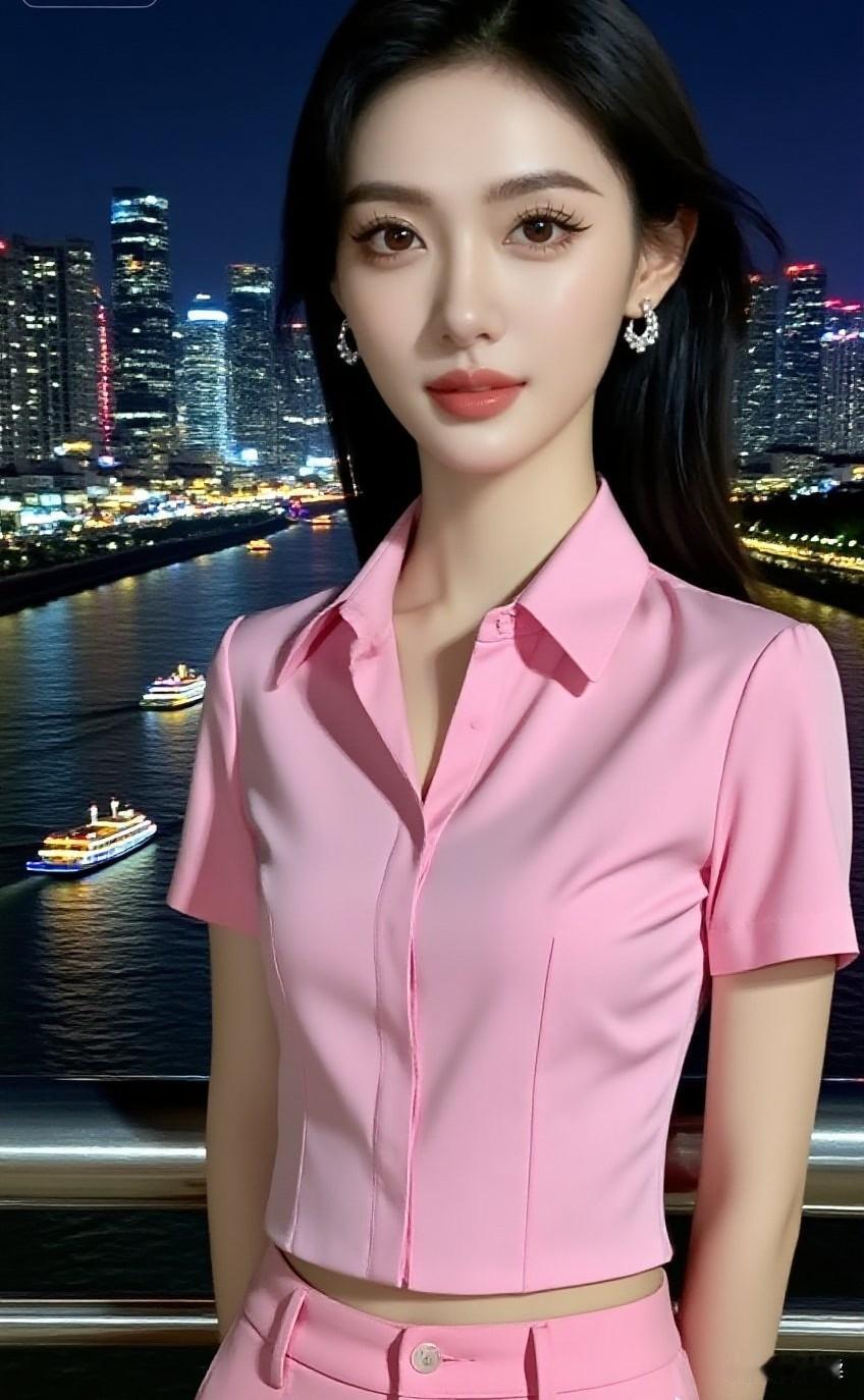 都市夜景下的粉色少女，优雅迷人！粉紫色系美女