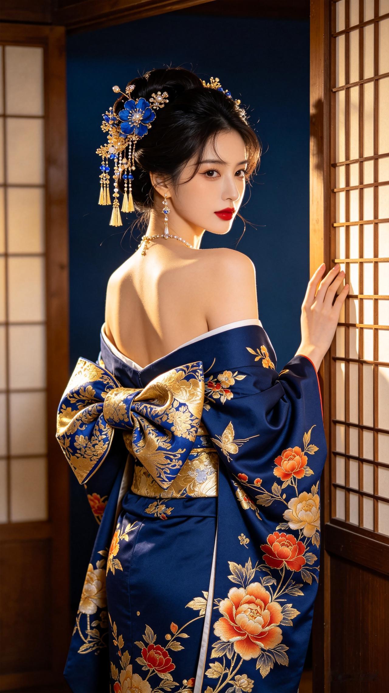 女子高盘发配蓝金流苏步摇，红唇明艳，身着织金牡丹深蓝露肩和服，手扶日式木格门回眸