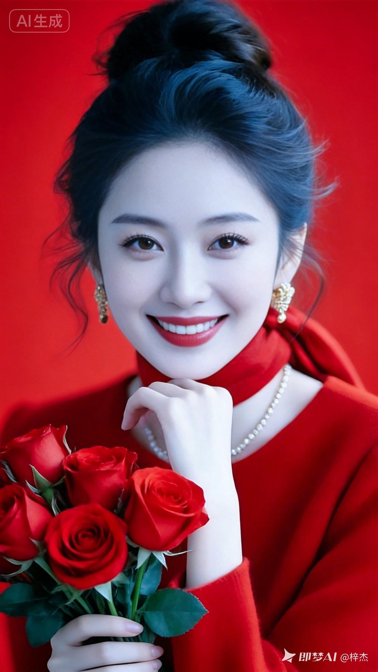 绝色美人冷白皮，妆容雅致，盘发微乱更添风情。身披艳色围巾，手捧鲜红玫瑰，于炽烈红