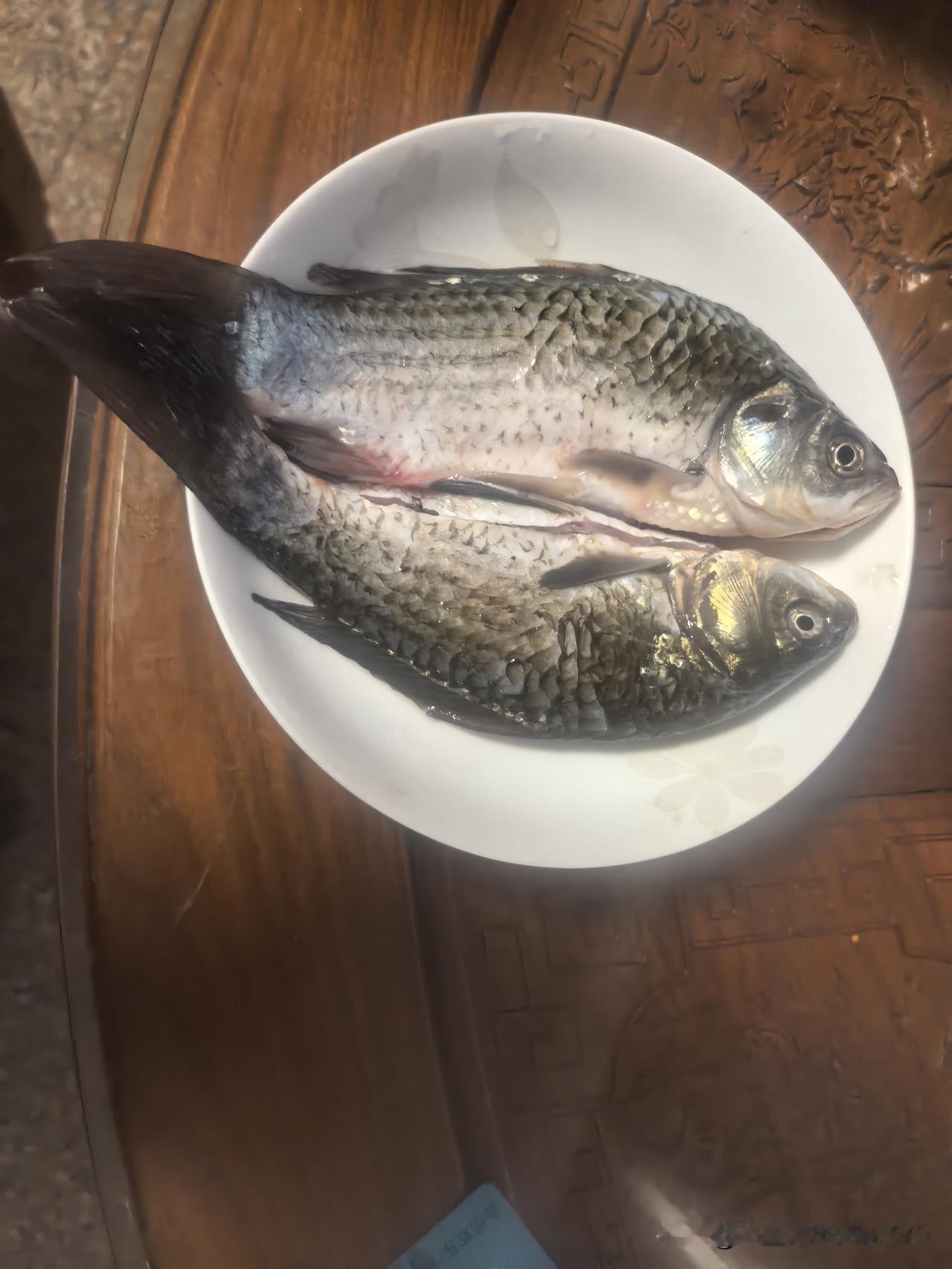 今日上午看到有水库里的土鲫鱼，细长纤瘦，就花 15 元 买了两条。现在由于市场里