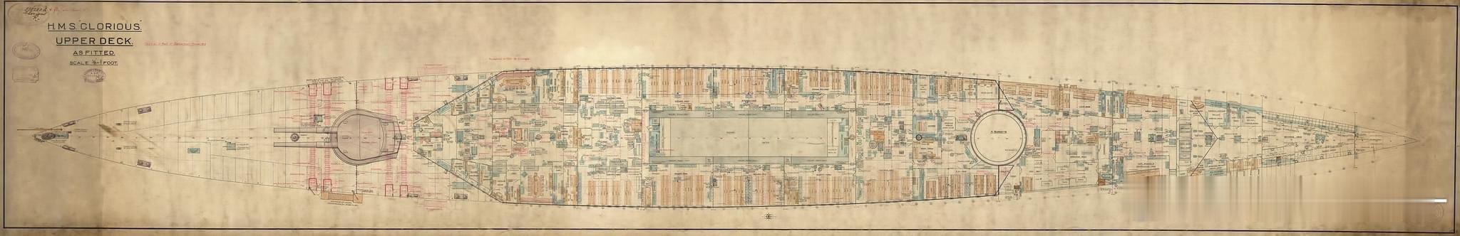 皇家海军光荣号战列巡洋舰的原厂图纸（部分）来自1917年的哈兰德 伍尔夫船厂（图