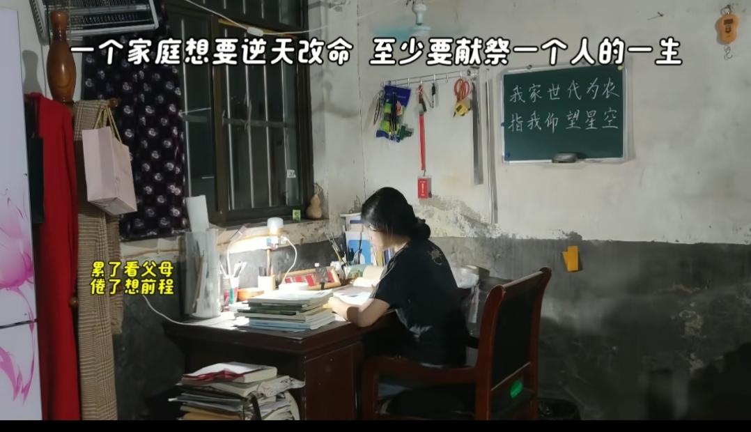 昏暗老旧的房间里，一盏台灯撑起了深夜所有的希望。
黑板上写着那句“我家世代为农，