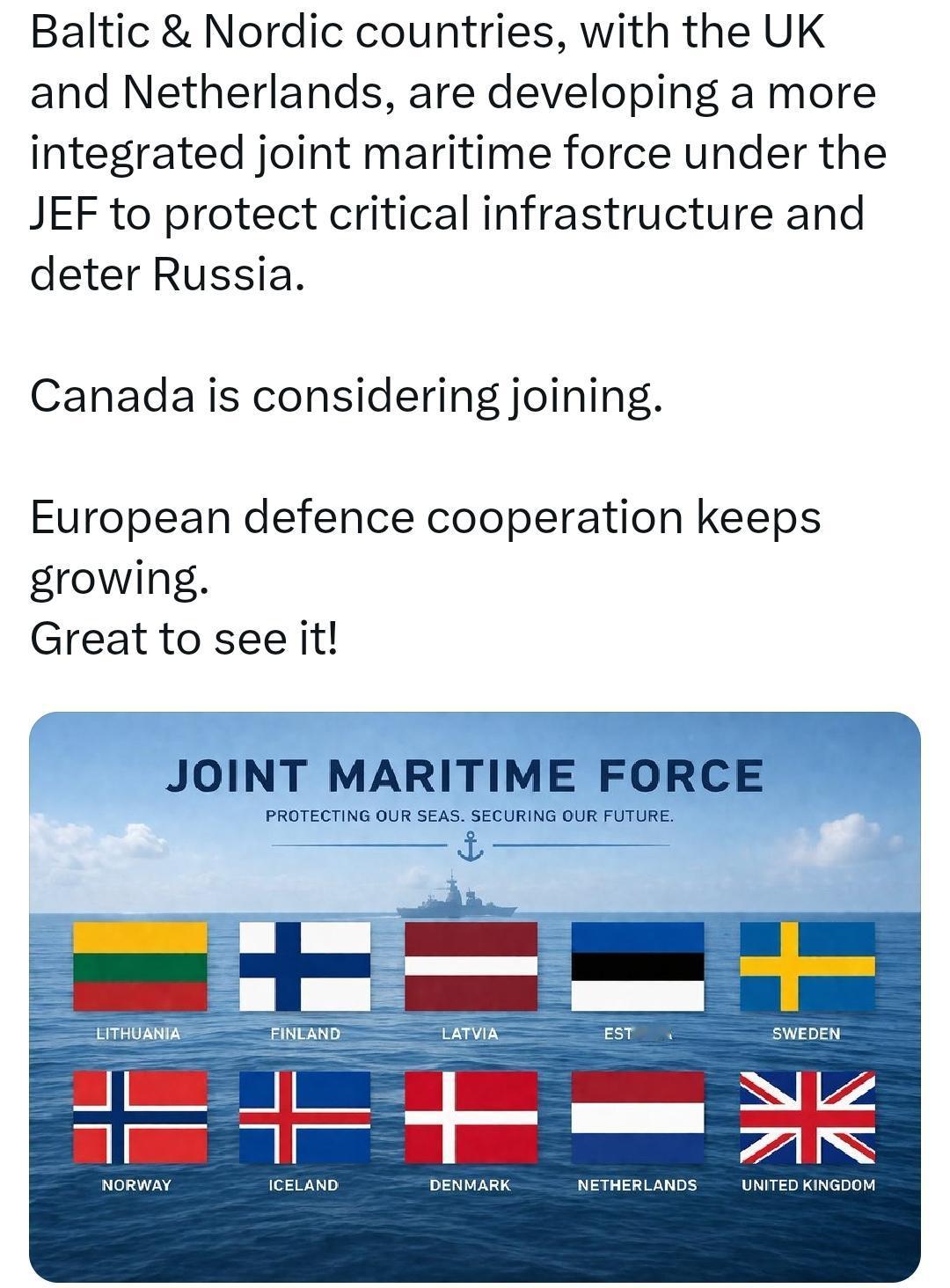 波罗的海及北欧国家（包括英国和荷兰）正与联合海上力量组织（JEF）合作，组建一支