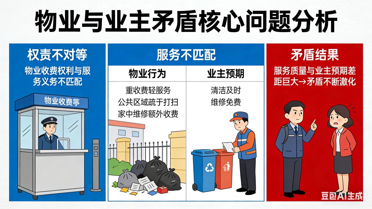 关于物业与业主矛盾的评论
 
当前不少小区物业与业主关系紧张，核心根源在于权责不