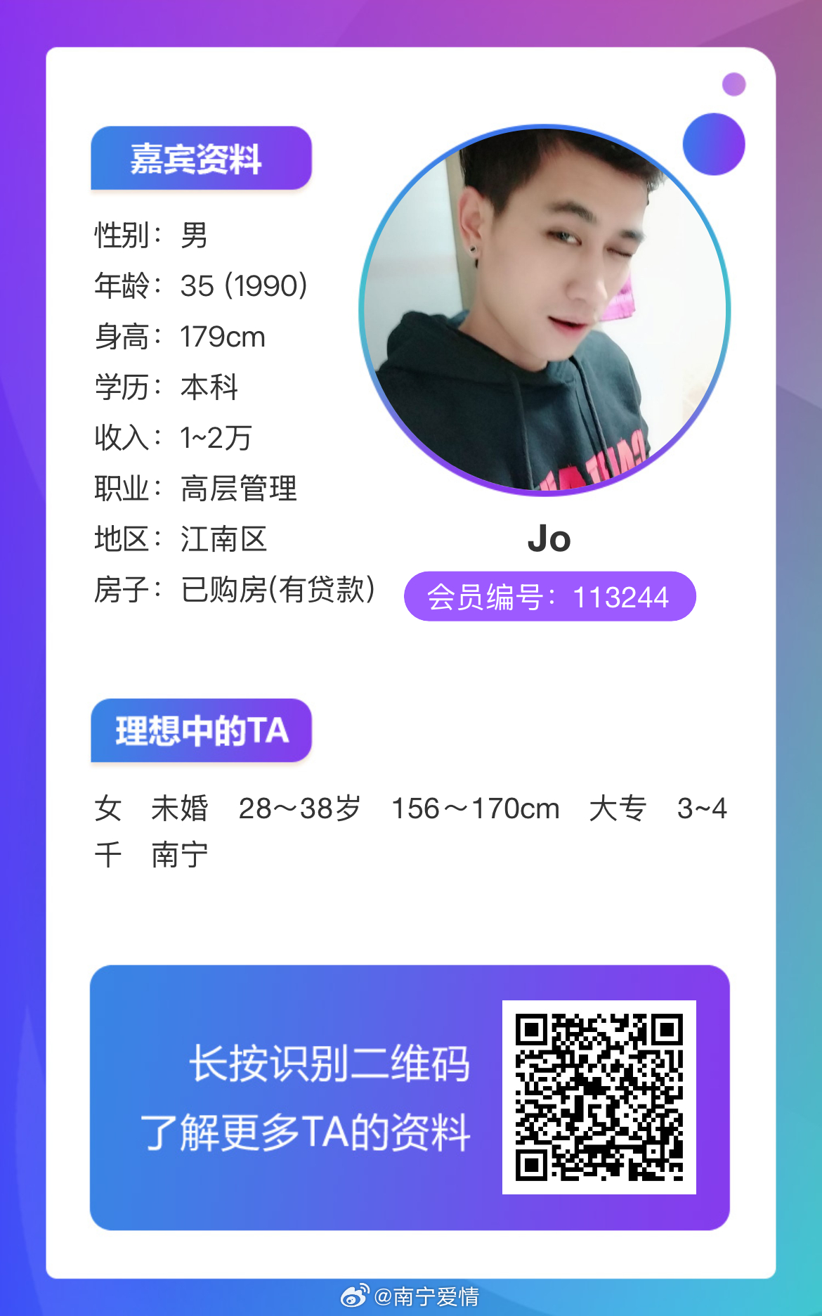 113244男嘉宾：90年，身高179，现居南宁，详情如下↓ 