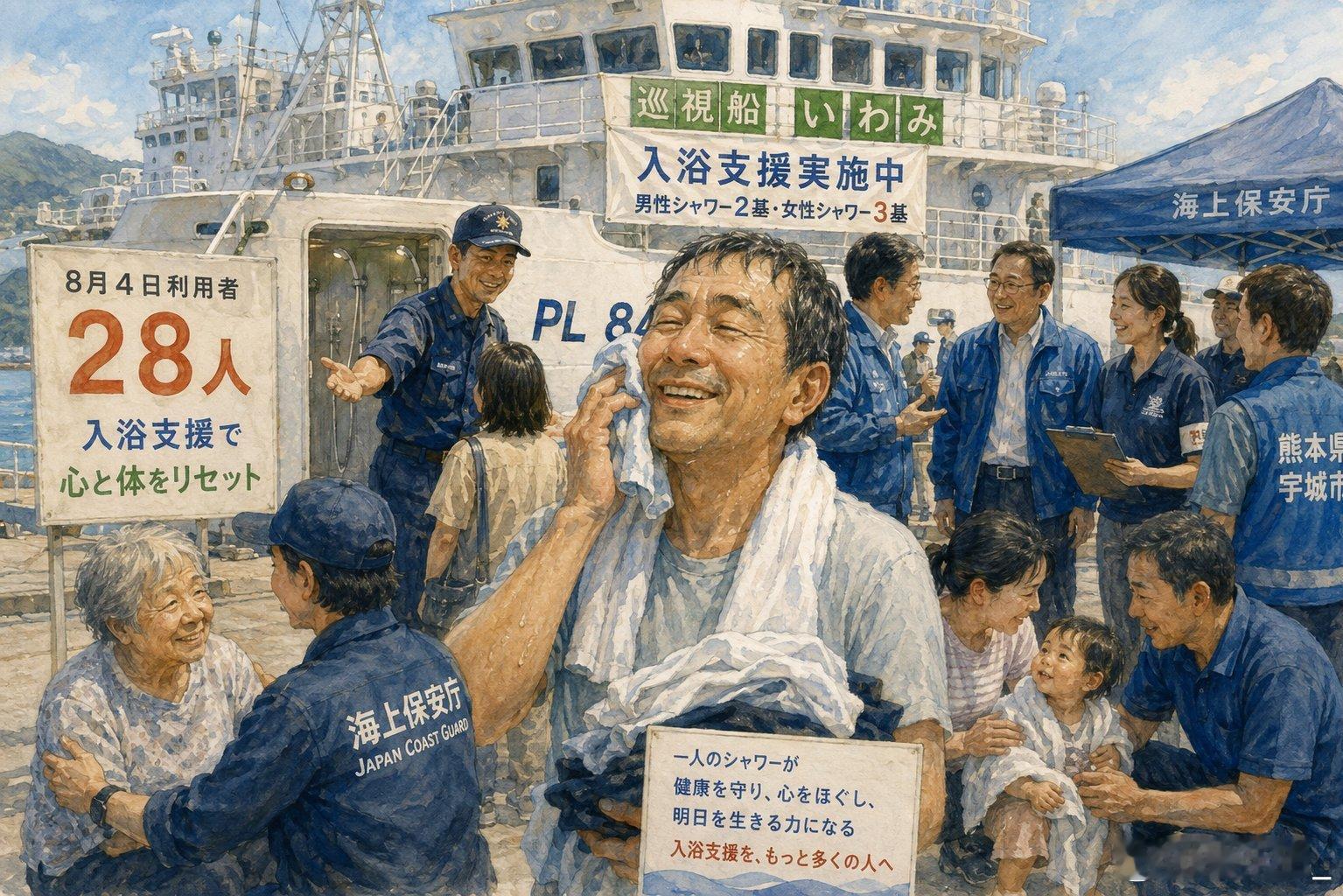 日本海保支援熊本地震灾民的宣传画，包括供水和安排灾民上船淋浴。这画风跟半岛北半部
