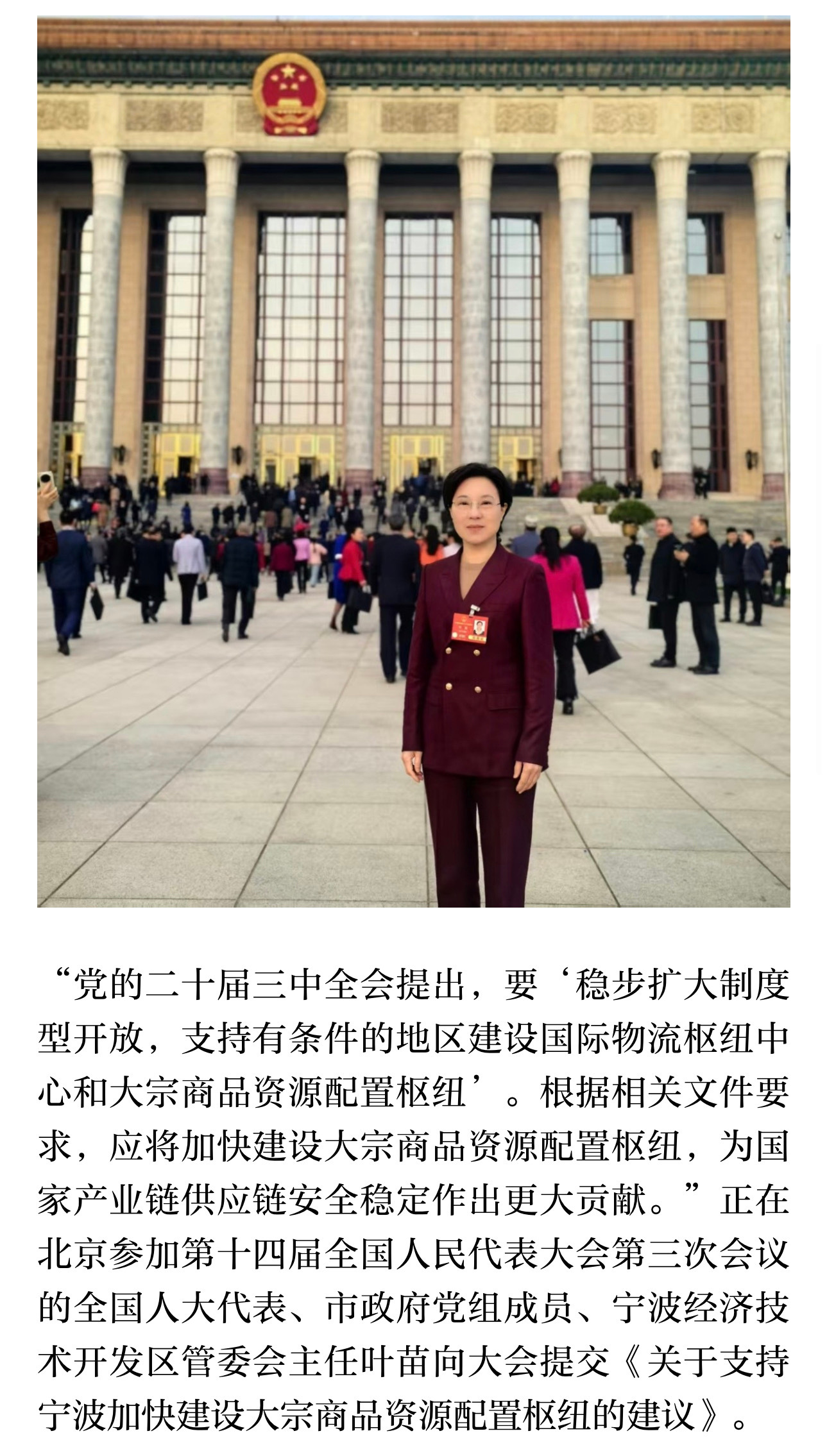 叶苗代表支持宁波加快建设大宗商品资源配置枢纽  来自宁波的人 大 代表叶苗建议：