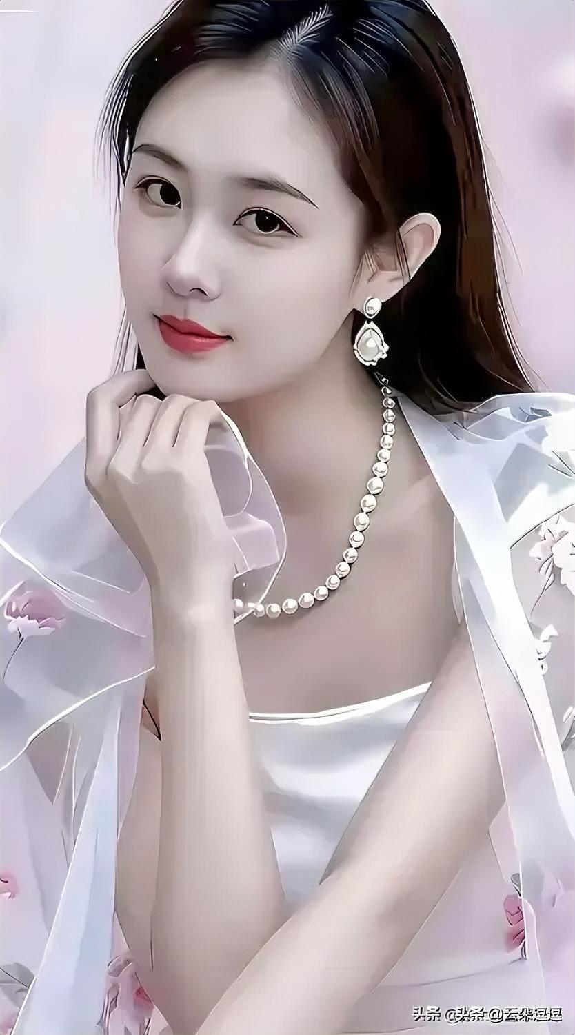 优雅白纱裙，珍珠项链点缀，温柔似水，梦幻如画。