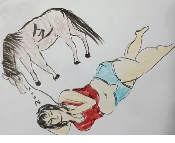 〔看图猜成语〕
图中画面有意思；
好像美女要睡觉；
旁边小马也发乏；
谐音猜个成