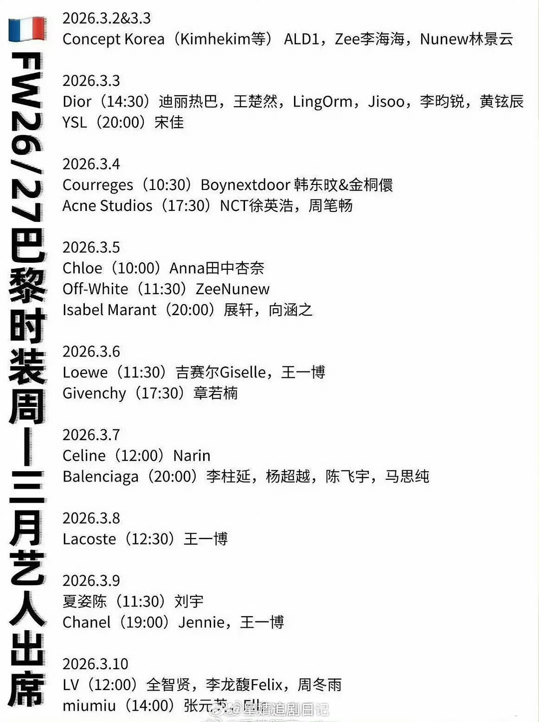 征战2026巴黎时装周的内娱明星名单已出，看到宋佳、迪丽热巴、王一博、杨超越、周