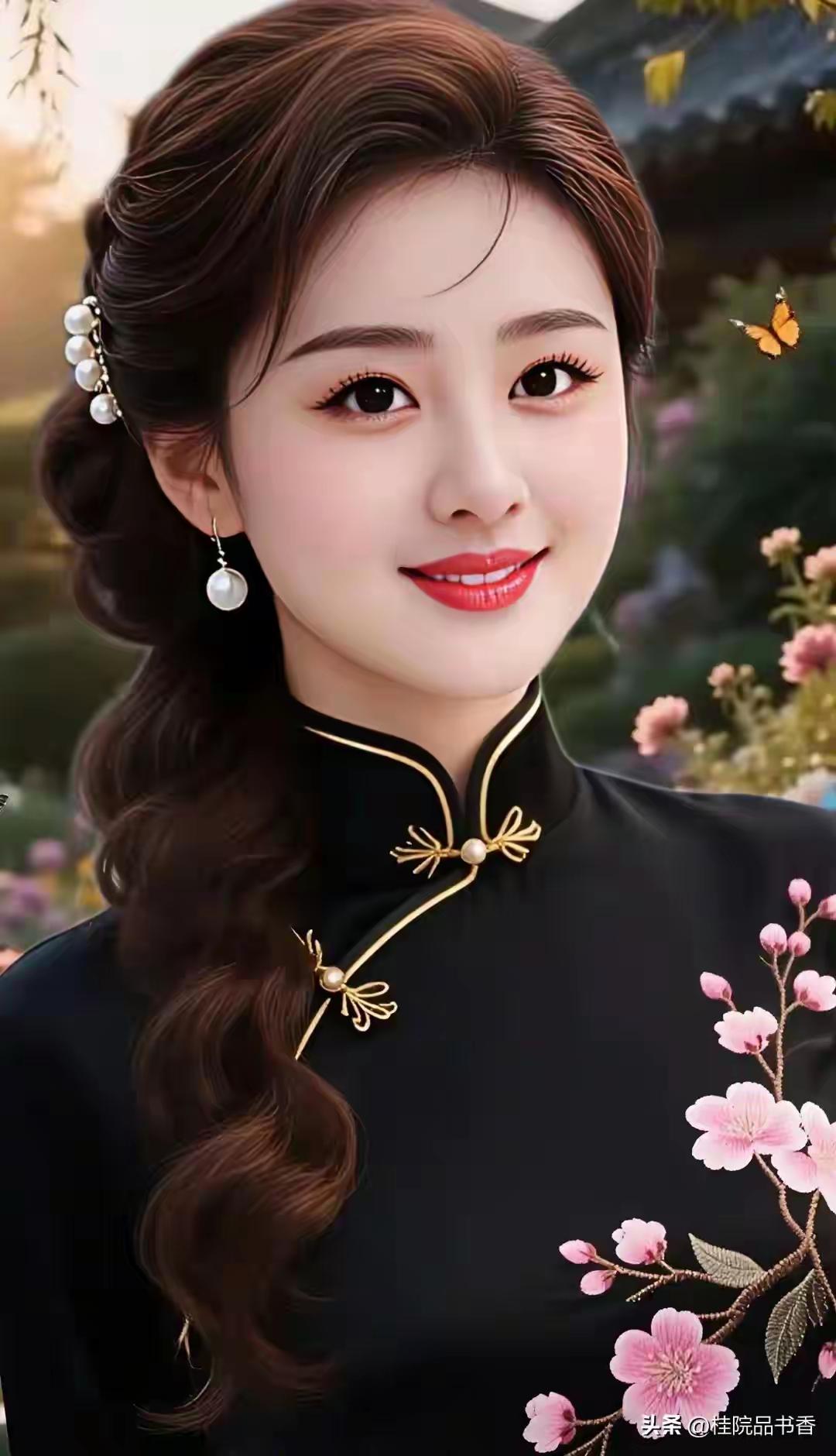 优雅黑裙与粉色花朵的完美融合，尽显东方女性的温婉与美丽。