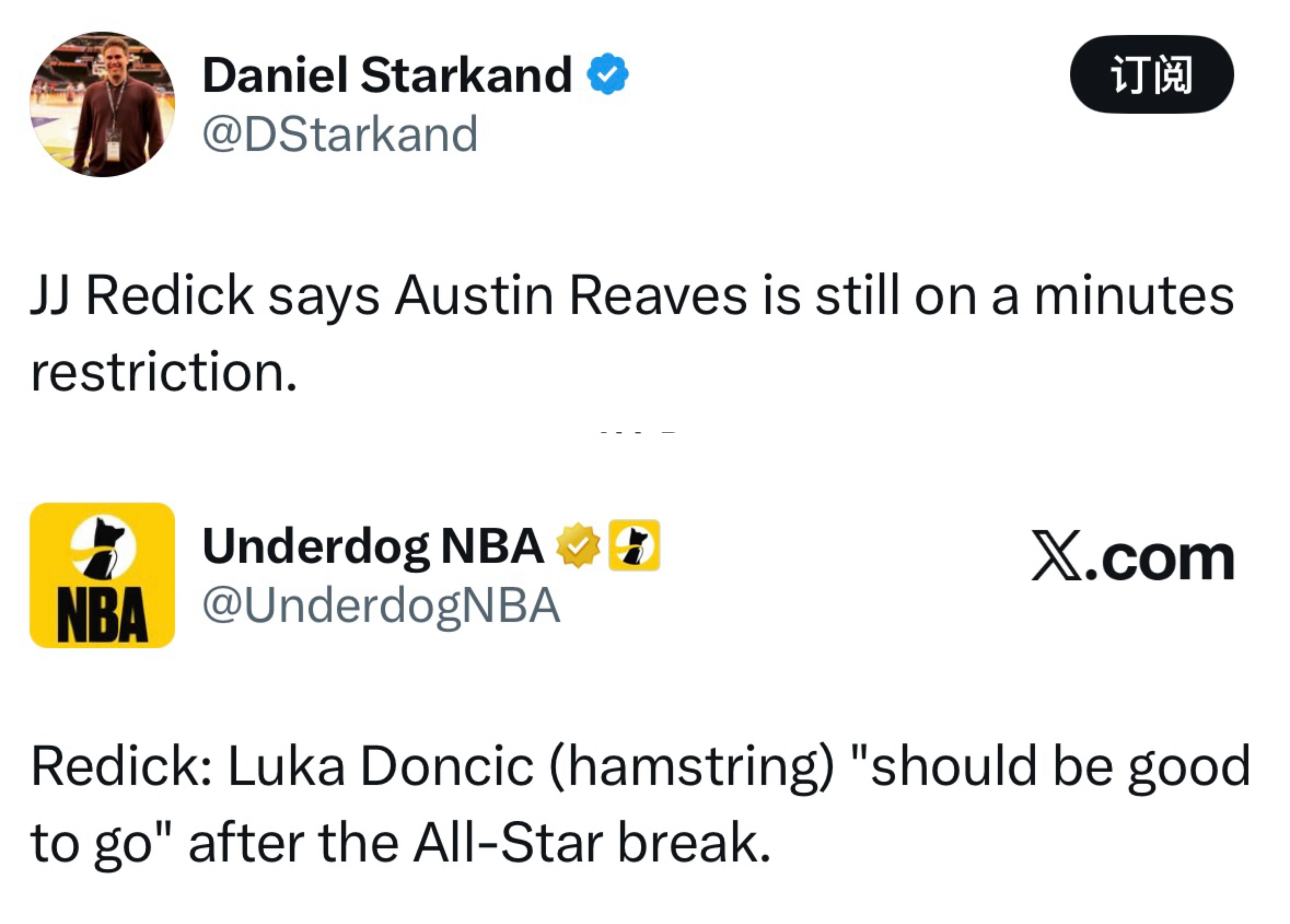 雷迪克表示，里夫斯出战时间受到限制，东契奇（腿筋伤势）在全明星赛后“应该可以复出