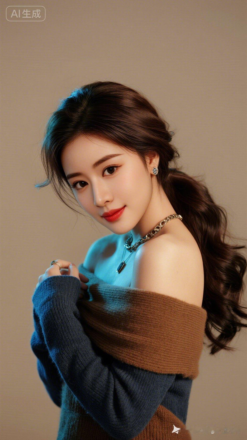 真人写实摄影，深棕波浪卷发慵懒扎起，发丝发光随风飘逸。瓜子脸配红润樱桃小嘴，肌肤