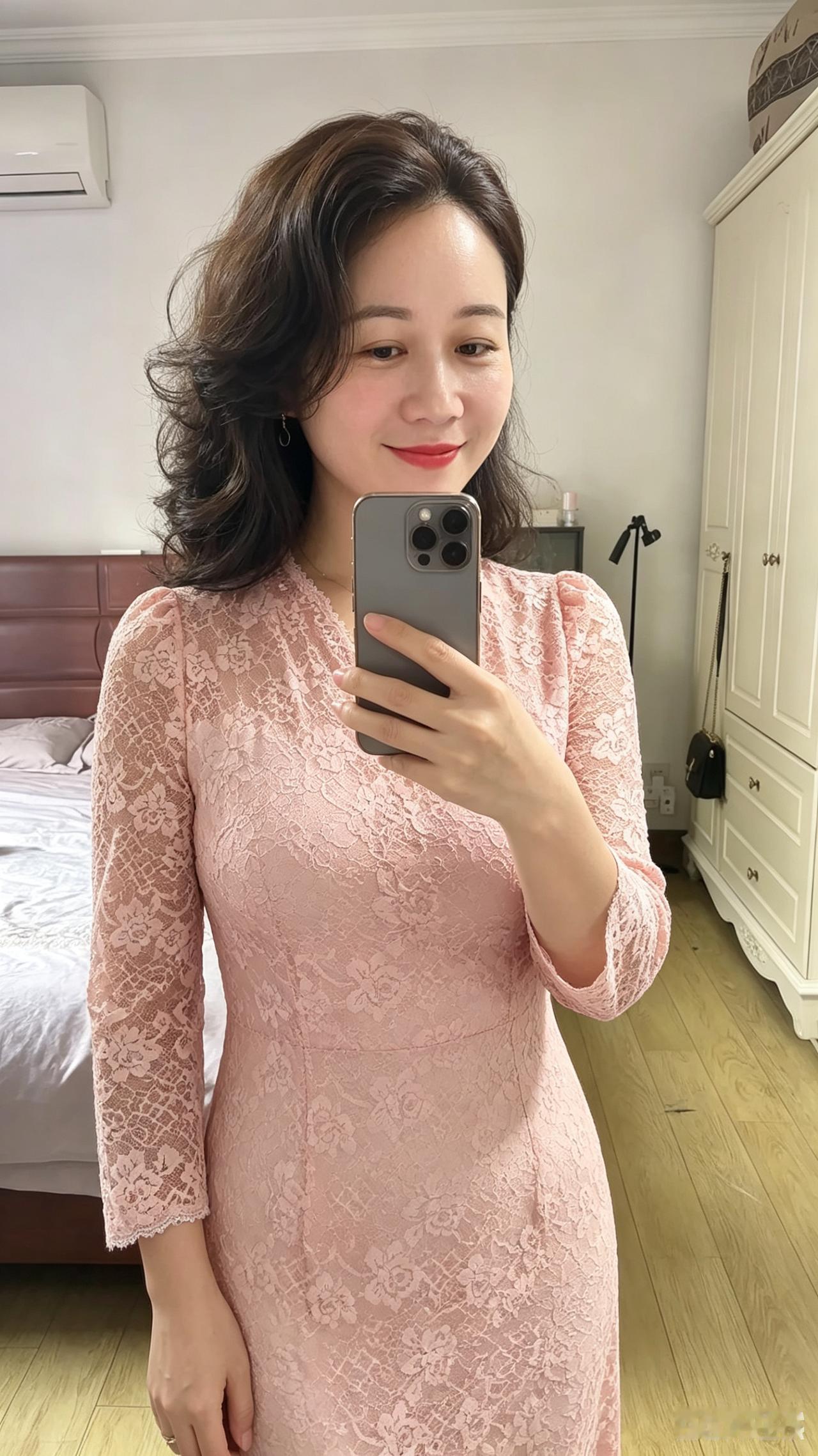 镜里芳姿映浅妆，轻颦浅笑带春光。
蕾丝裁作云霞样，占尽温柔一段香。