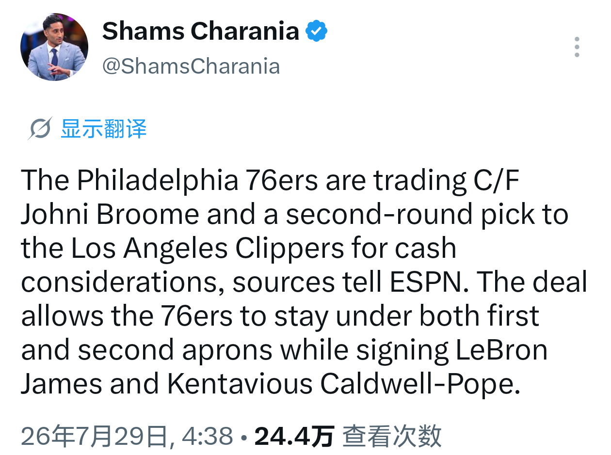 Shams：费城76人队将交易前锋/中锋Johni Broome和一个第二轮选秀