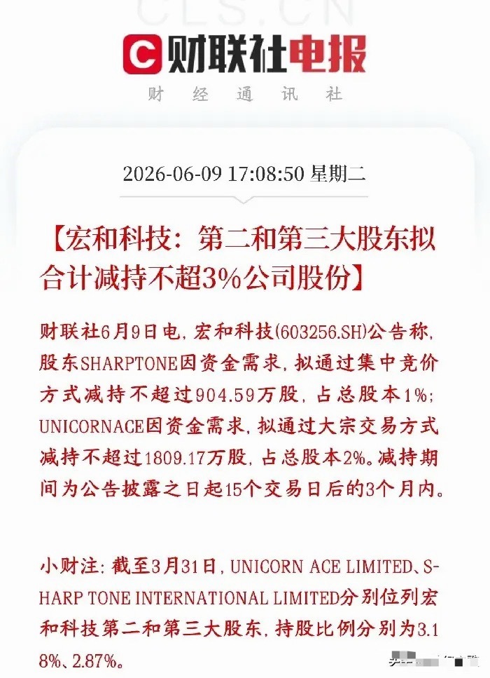 电子布龙头股东开始减持了，涨幅已经翻了4倍宏和科技公告两大外资股东要合计减持3%