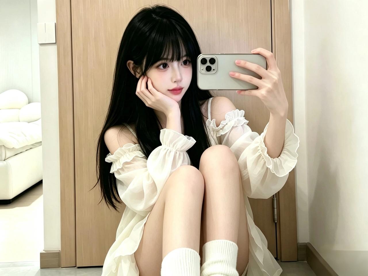 甜美自拍，白色连衣裙。甜美自拍图